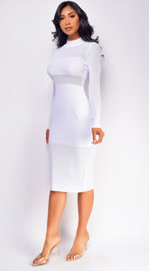 Taima High Neck Sheer Pointelle Midi Dress - White